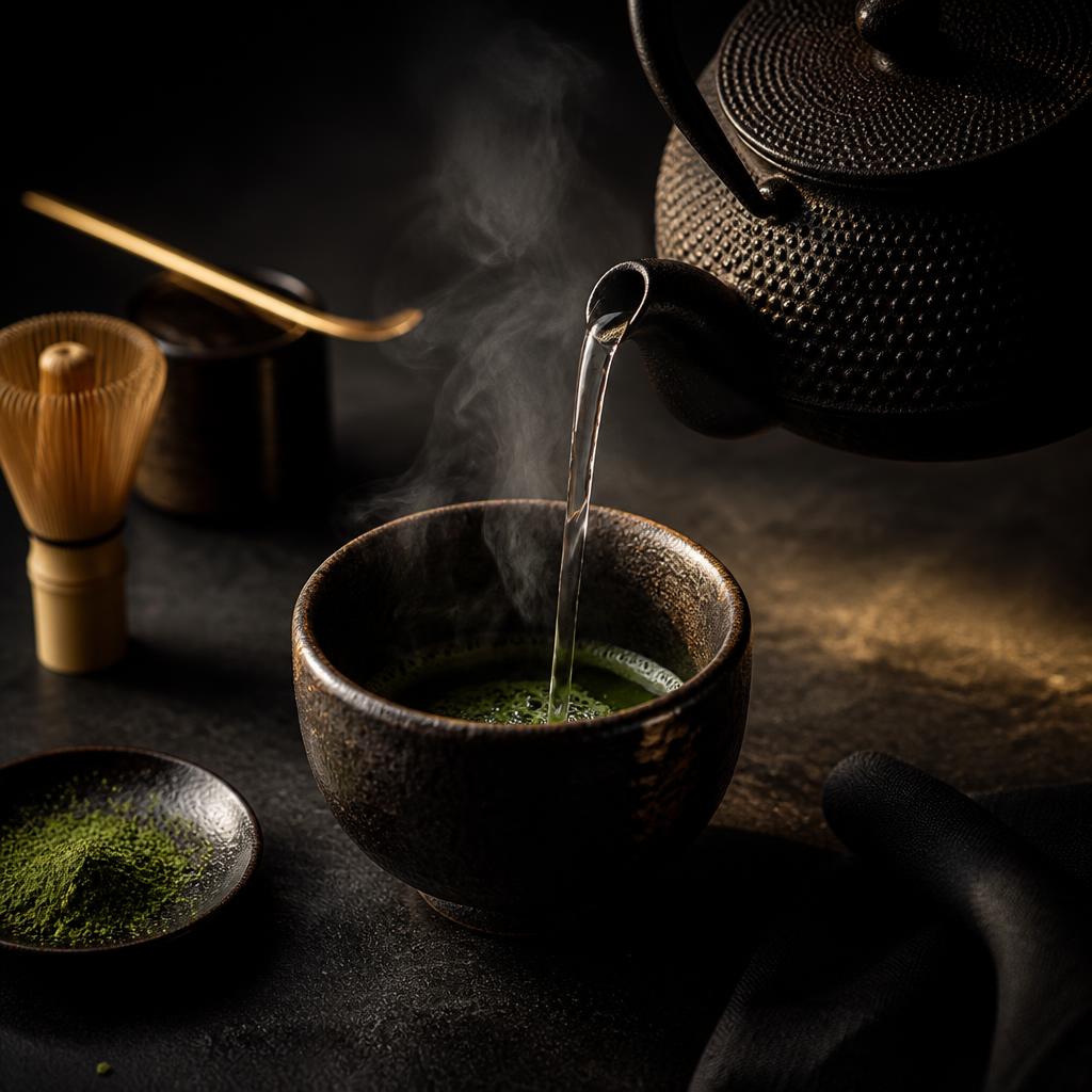 Hot water poured from a black iron kettle into a dark matcha bowl — the first step of the ritual