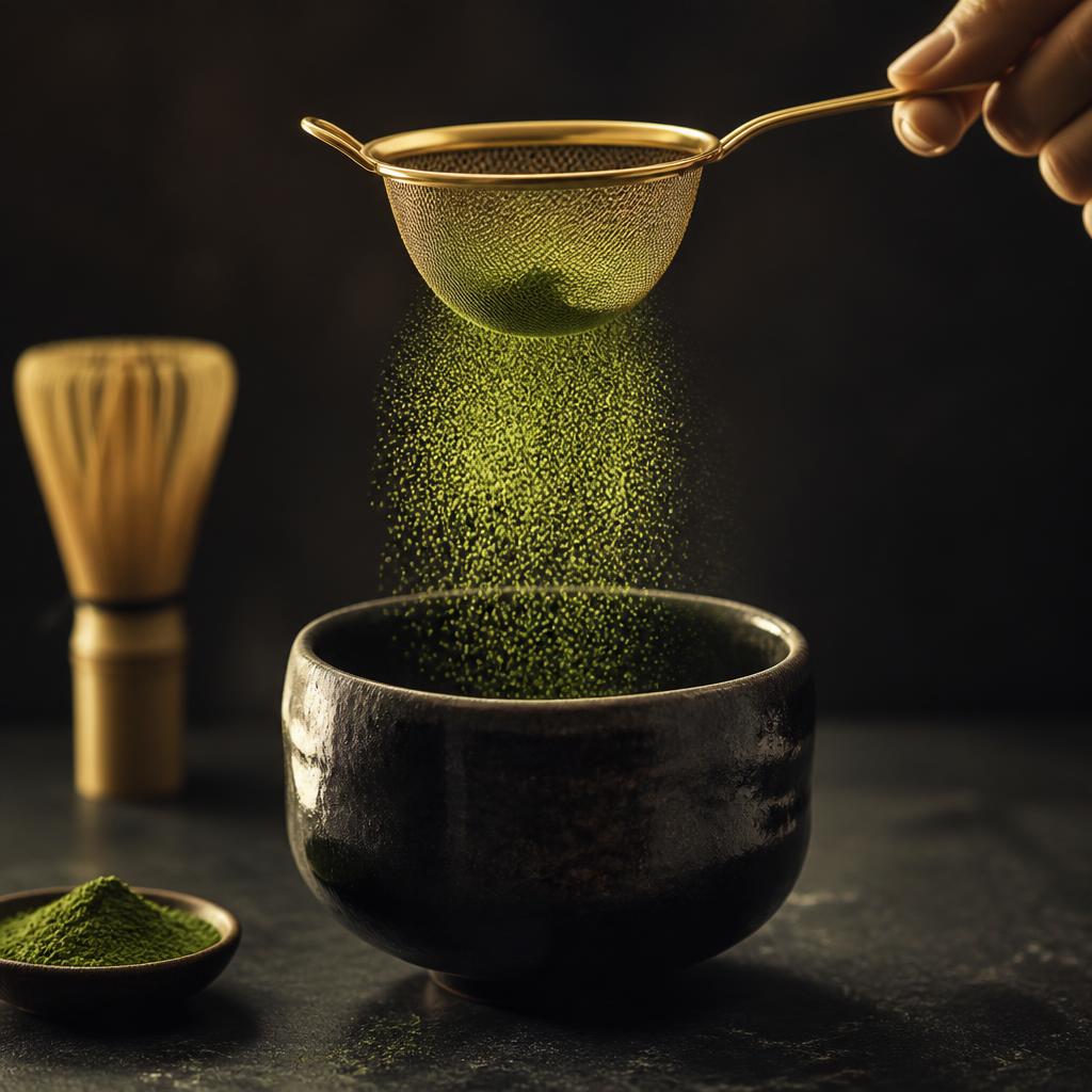 Vibrant green matcha sifted fine into a dark ceramic bowl