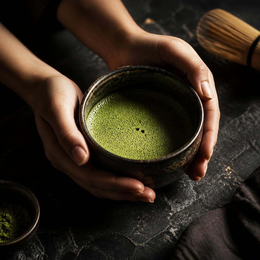Hands holding a finished bowl of matcha in meditative stillness