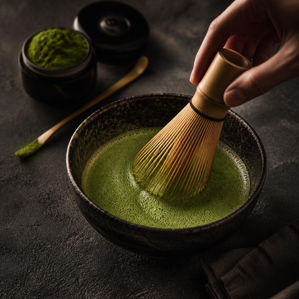 A bamboo chasen whisking matcha into a smooth jade foam