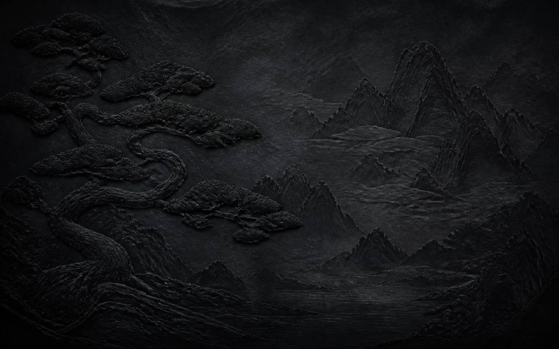 Carved stone relief of mountains and pine