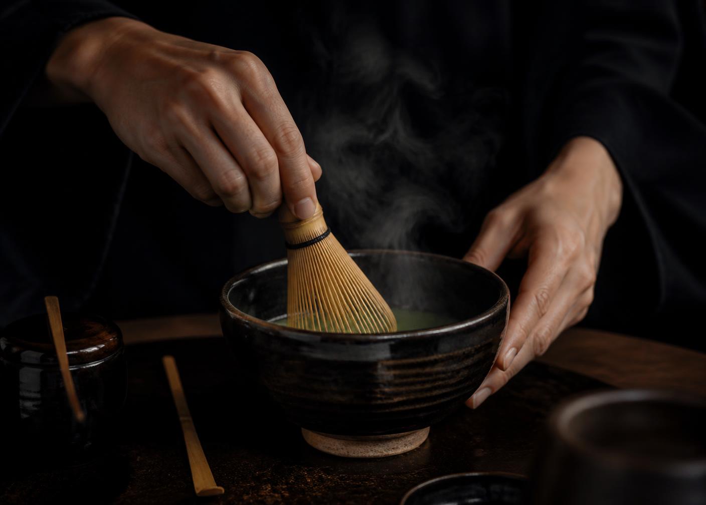 Hands whisking matcha in a dark ceramic bowl